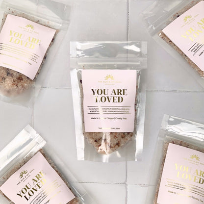 You Are Loved Luxury Himalayan Bath Salts with Ylang Ylang, Coconut Essential Oils with Rose Petals