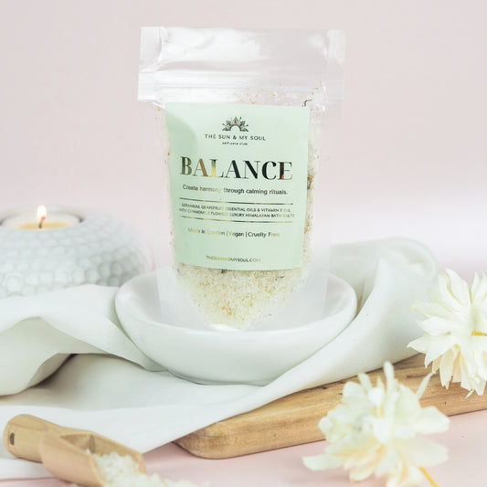 Balance Luxury Himalayan Bath Salts with Geranium, Grapefruit Essential Oils Vitamin E Oil Chamomile Flowers