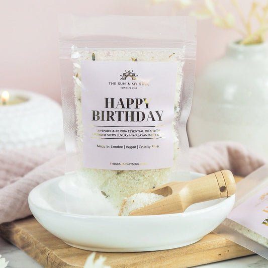 Happy Birthday Luxury Himalayan Bath Salts with Lavender, Jojoba Essential Oils with Lavender Seeds