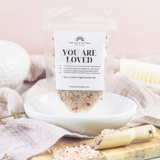 You Are Loved Luxury Himalayan Bath Salts with Ylang Ylang, Coconut Essential Oils with Rose Petals