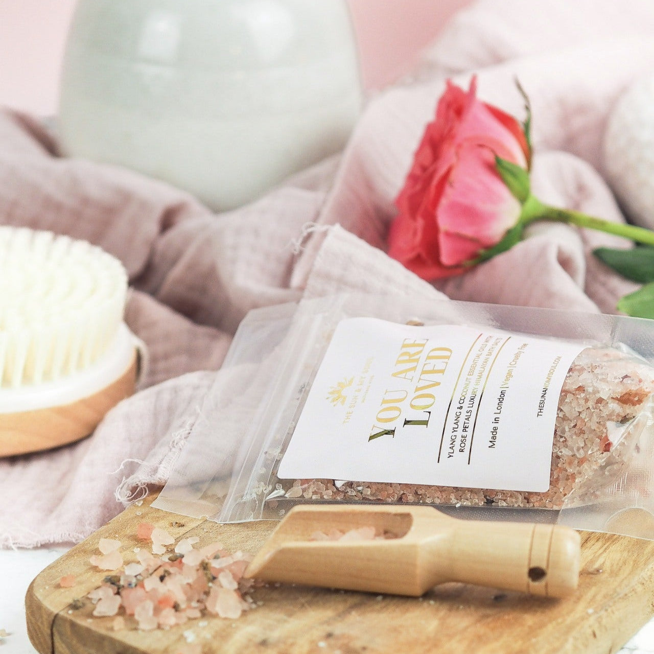 You Are Loved Luxury Himalayan Bath Salts with Ylang Ylang, Coconut Essential Oils with Rose Petals