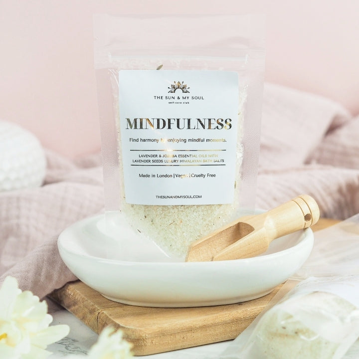 Mindfulness Luxury Himalayan Bath Salts with Lavender, Jojoba Essential Oils with Lavender Seeds