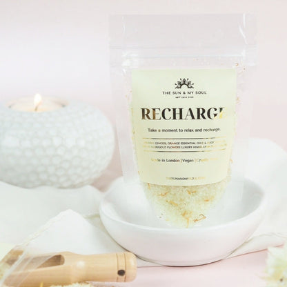 Recharge Luxury Himalayan Bath Salts with Lemon, Ginger, Orange Essential Oils, Avocado Oil with Marigold Flowers