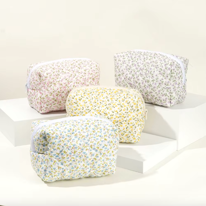 Blossom Floral Quilted Makeup Bag – Travel Cosmetic Pouch for Beauty & Self-Care⎜Pink Colour