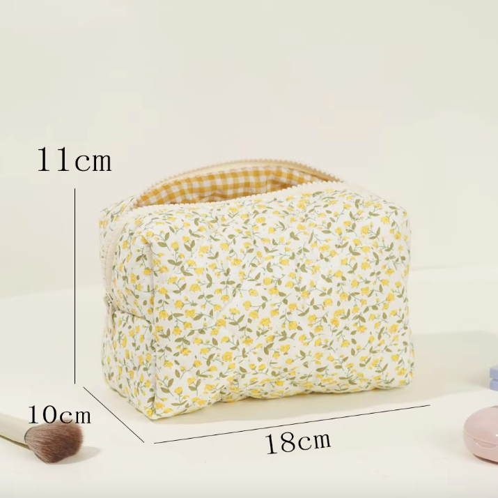 Blossom Floral Quilted Makeup Bag – Travel Cosmetic Pouch for Beauty & Self-Care⎜Yellow Colour