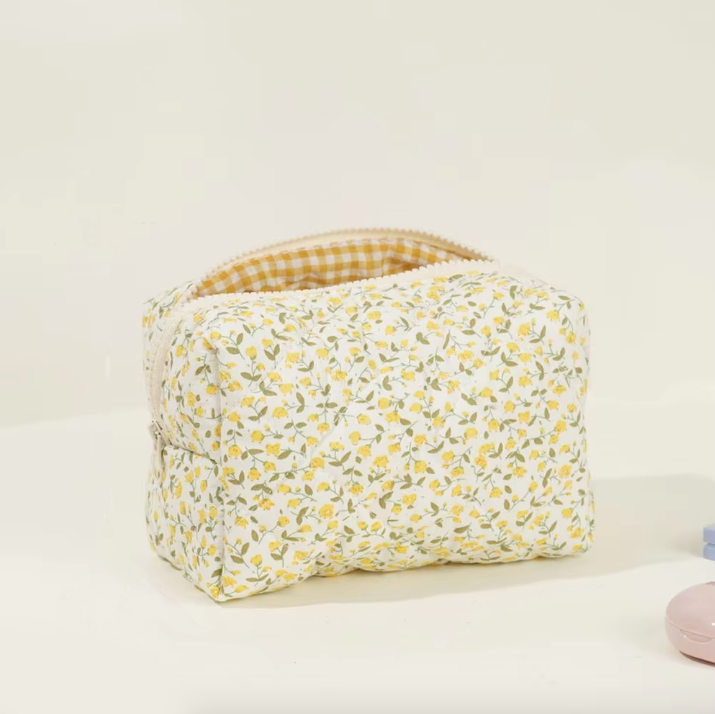 Blossom Floral Quilted Makeup Bag – Travel Cosmetic Pouch for Beauty & Self-Care⎜Yellow Colour