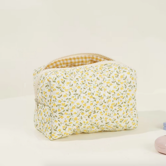 Blossom Floral Quilted Makeup Bag – Travel Cosmetic Pouch for Beauty & Self-Care⎜Yellow Colour