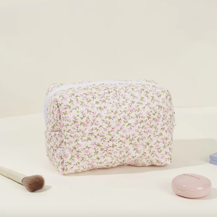 Blossom Floral Quilted Makeup Bag – Travel Cosmetic Pouch for Beauty & Self-Care⎜Pink Colour