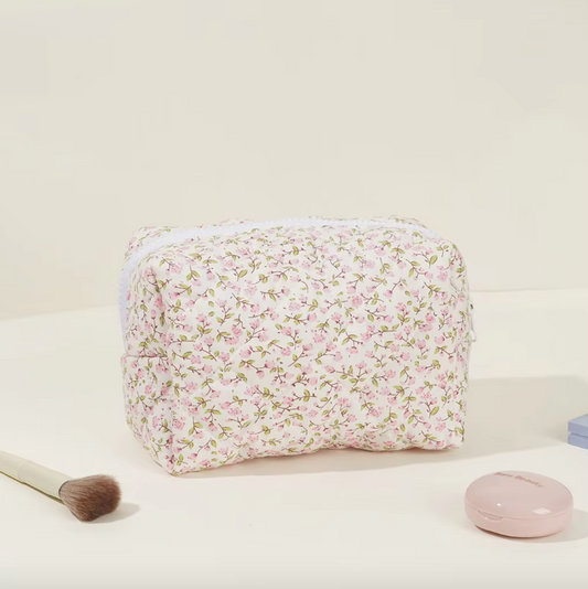 Blossom Floral Quilted Makeup Bag – Travel Cosmetic Pouch for Beauty & Self-Care⎜Pink Colour