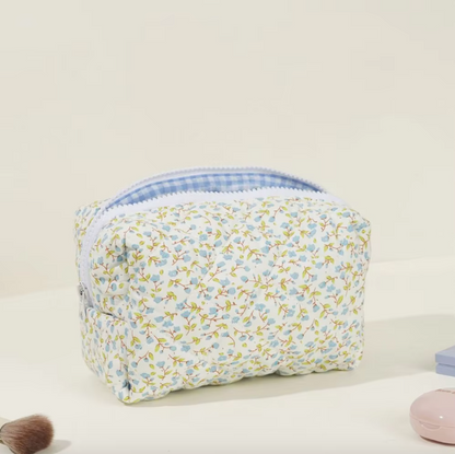 Blossom Floral Quilted Makeup Bag – Travel Cosmetic Pouch for Beauty & Self-Care⎜Blue Colour