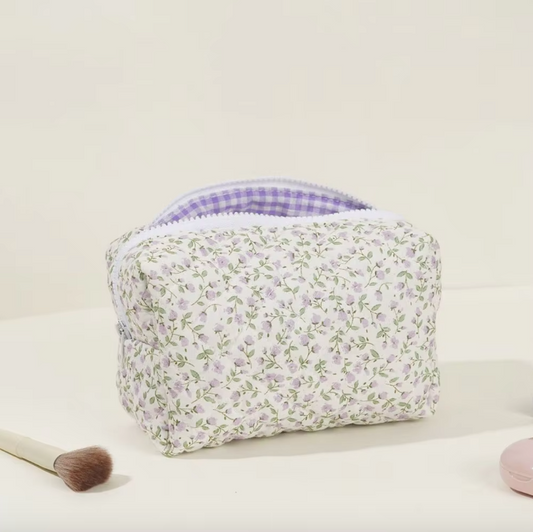 Blossom Floral Quilted Makeup Bag – Travel Cosmetic Pouch for Beauty & Self-Care⎜Purple Colour