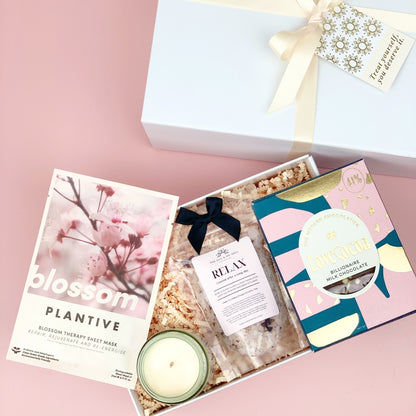 Luxury White Gift Box with Magnetic Closure, Cream Filling, Silk Ribbon and a Gift Tag that reads "Treat yourself, you deserve it."